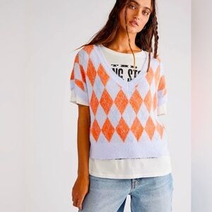 Free People Through The Motions Argyle Sweater Vest in Ice Combo Small